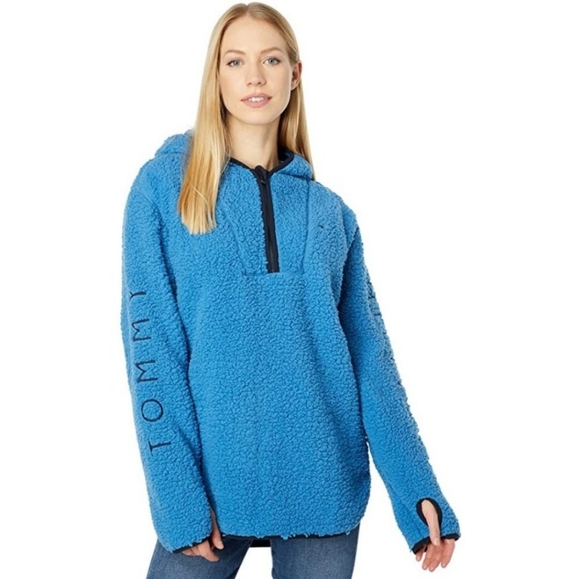 NWT Tommy Hilfiger Sherpa Pullover Hoodie Sweatshirt Blue | Women’s Size Large - Picture 3 of 13